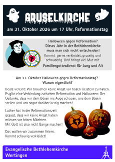 Ein Plakat zur Gruselkirche mit einem Bild von Martin Luther, Kürbissen und Gespenstern